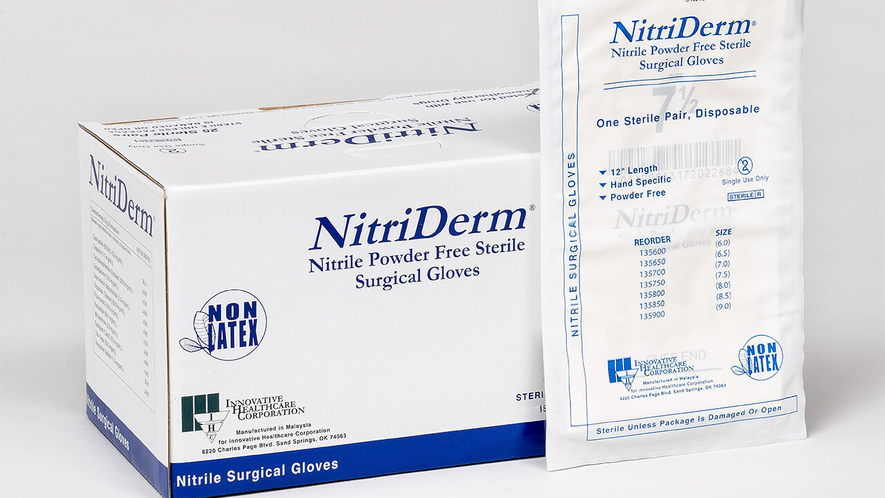 Gloves Surgical Nitrile P-F Sterile NitriDerm® Size 7 Sterile Pair Nitrile Extended Cuff Length Fully Textured White Chemo Tested  (50PR/BX 4BX/CS) by Innovative Healthcare Corp., Inc.  ID 135270